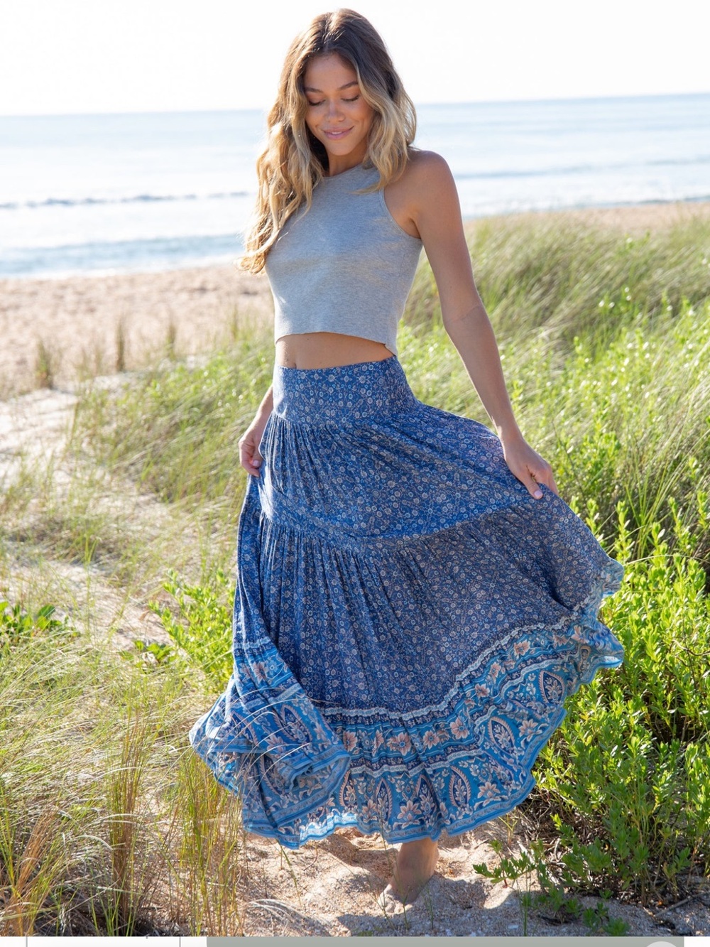 Natural Life Hanna Convertible Maxi Skirt Blue Floral Boho Size Small